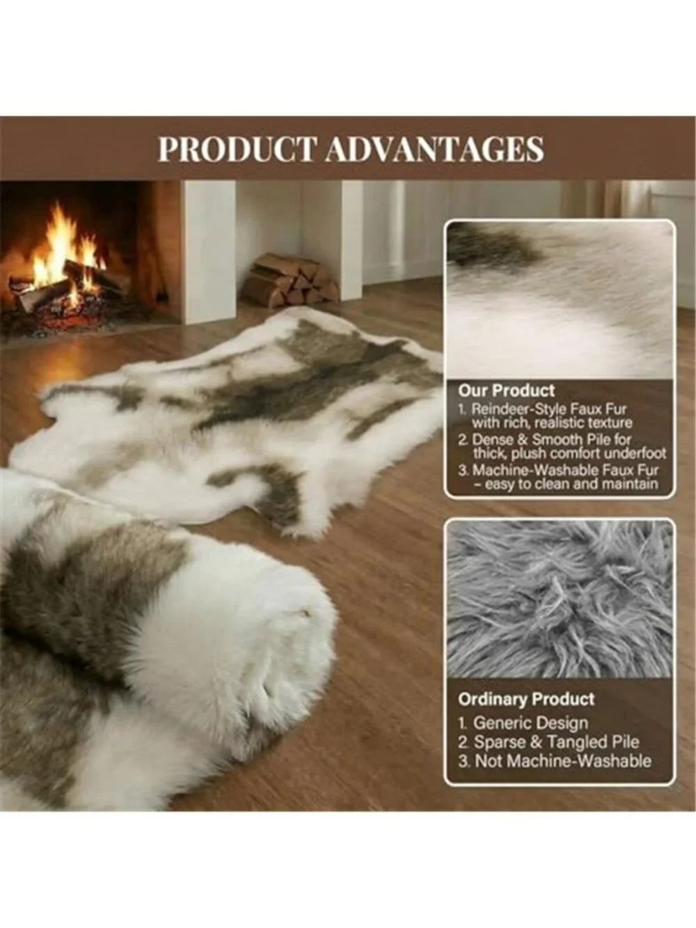 Reindeer Pattern Faux Fur Area Rug,3.6'x3.0' Plush Machine Washable Runner for